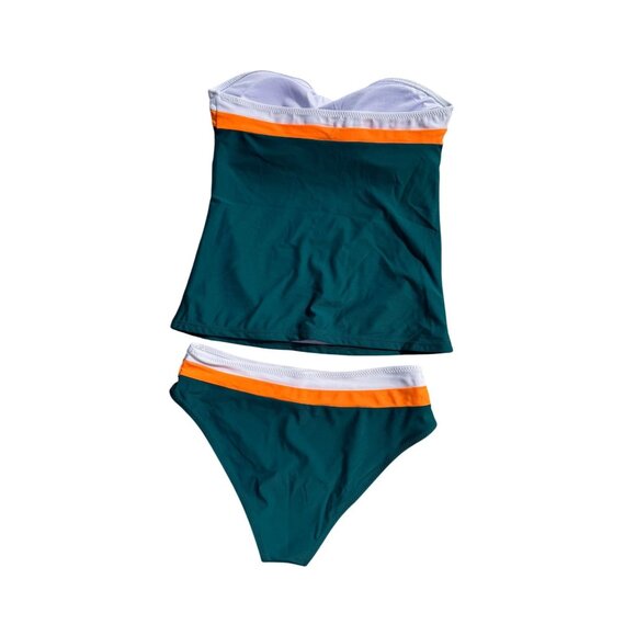 Two-Piece Tankini Swimsuit With Green White & Orange Colorblock Design By Beachs - Picture 2 of 5